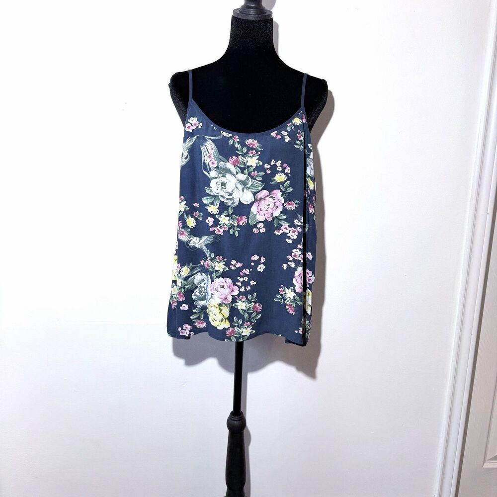 DR2 Navy Blue Floral Spaghetti Adjustable Strap Camisole Top Women’s Size L